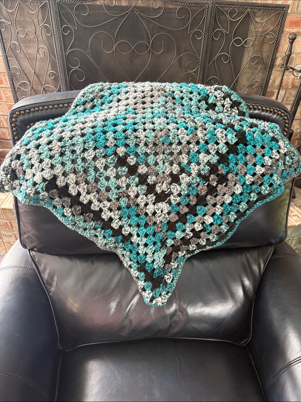 Handmade Crocheted Square Throw in Teal, Gray, Black - Picture 2 of 3